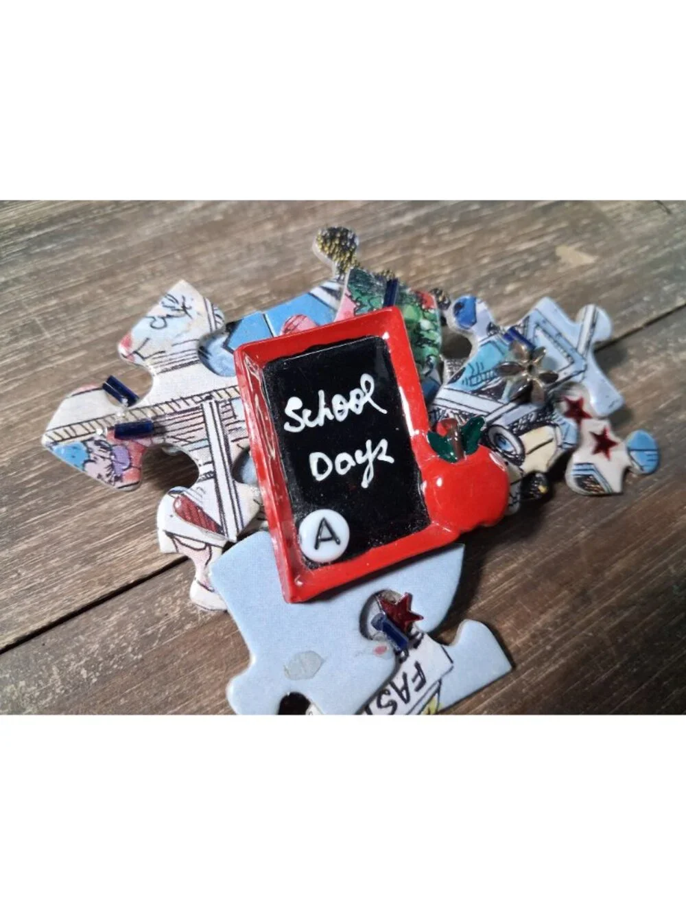 School Days Brooch Pin Teacher Puzzle Black Board Lapel Vest Bag Gear Vintage